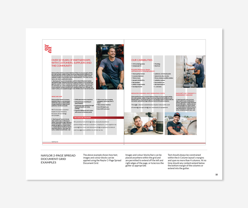 Naylor Brand Guidelines (2-Page Spread Document Grid Example)